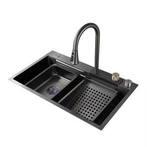 Fregadero de Cocina Grande de Estilo Japonés, Popular Fregadero de Agua de Lluvia con Grifo en Cascada, Acero Inoxidable Negro, Extraíble para Verduras - Product Image 4