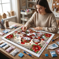 Peinture Diamant 5D Complète : Famille de Bonhommes de Neige de Noël et Poinsettia – Cadeau de Noël, Décoration Maison, Kit d'Art DIY