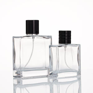 Flacon de parfum carré de luxe en verre avec fond lourd, transparent, 30ml 50ml 100ml, couvercle noir et pulvérisateur à sertir, vide - Product Image 1