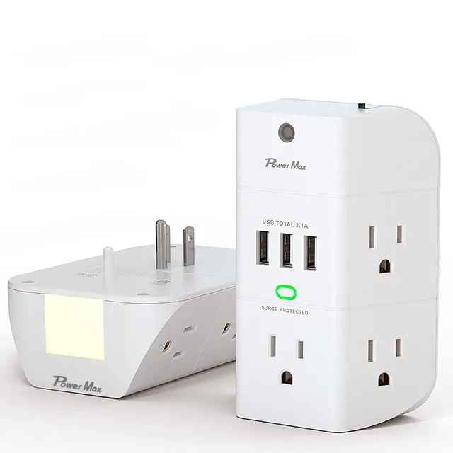 Hot Sale 3-zijdige Nachtlampje Ontwerp Ruimtebesparend 5 Ac Stopcontact Usb Outlet Extender Wandoplader Stopcontact