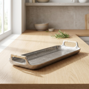 Chaman India Rustic <b>Silver</b> Rectangle Cast Aluminium Serving <b>Tray</b> with Handle Durable Metal Dish Model 40228 - Product Image 2