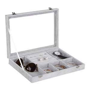Gray Velvet Jewelry Display Case With Clear Lid, Lockable Multi-Compartment Jewelry Organizer For Rings, <b>Earrings</b> And Bracelets - Product Image 1