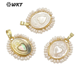 WT-JP254 Chaude à la main sculpté coquille blanche Sacré Coeur pendentif femmes fil enroulé avec perle charme en Marie coeur coquille - Product Image 3