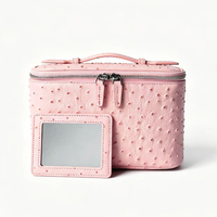 Trousse de toilette en cuir d'autruche LZ avec miroir, sac à maquillage de luxe unique, organiseur de cosmétiques, rangement de voyage rose