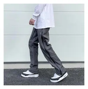 Custom Slim Fit Men's Jogger Nylon Track Pants Baggy Side Zipper Casual Style Sweat Pants Mid Waist Drawstring Closure Flat Dark