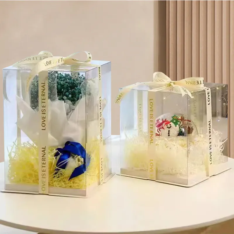 Yeni tasarım temizle şeffaf ambalaj PET kare tatlı paketi kutusu ile beyaz kurdela düğün özel kek kutuları konuk için