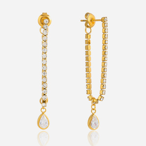 ต่างหูทรงหยดน้ำประดับเพชรซิร์คอน สายโซ่พู่ห้อย ชุบทอง ทำจากสแตนเลส เหมาะสำหรับงานปาร์ตี้ - Product Image 1