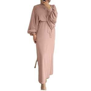 Venta al por mayor vestidos de túnica musulmana Abaya musulmana <span class=keywords><strong>Color</strong></span> sólido O-<span class=keywords><strong>beck</strong></span> suelta nueva moda mujeres Maxi Vestido de manga larga - Product Image 1
