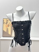 Haut court élégant pour femme à bretelles spaghetti, en dentelle, style corset, avec volants, fermeture avant, bustier, laçage latéral, serre-taille, pour soirée, taille XS