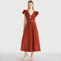 Robe midi décontractée pour femme, orange rouille, col en V, manches à volants, à nouer sur le devant, coupe évasée, style resort, personnalisable, vente en gros