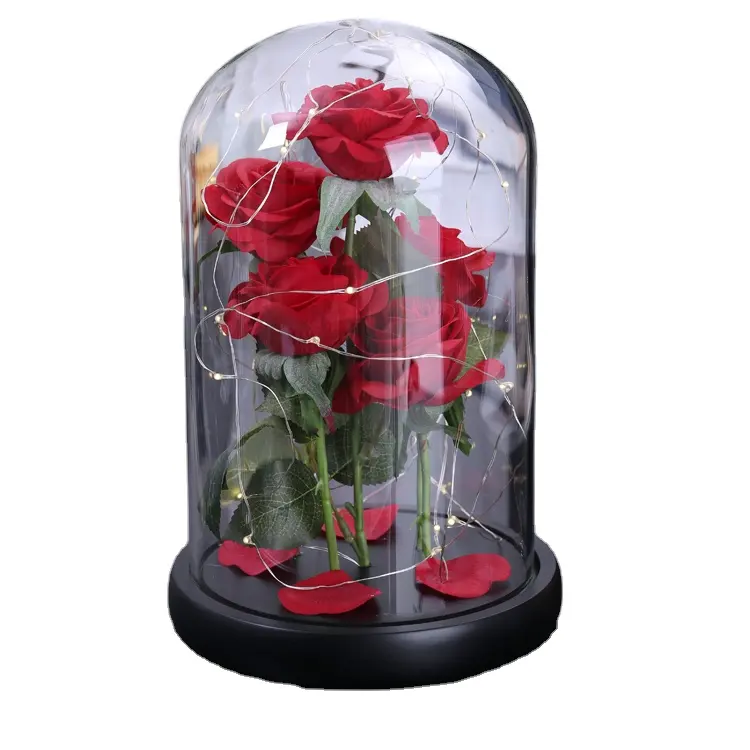 hot sale high quality Valentine's Day Gifts Beauty And The Beast Led Rose Night Light Battery Lamp with Wooden Base