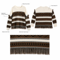 Pull en tricot à col rond pour femmes, coupe ample, motif géométrique Fair Isle avec détails à franges, pour tenues décontractées d'automne et d'hiver