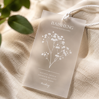 Étiquette de marque en plastique translucide imprimée en gros, surface givrée, motif floral, étiquette rectangulaire pour vêtements