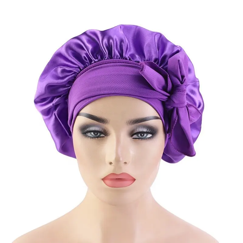 New Arrival Women Designer Sleep Hair Hats Silk Satin Night Sleep Cap Adjustable Bonnets with Long Tie Edge Band