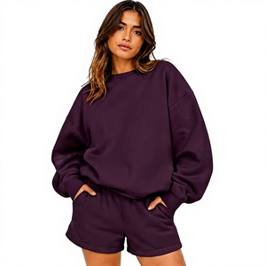 Ensemble 2 pièces décontracté d'hiver, couleur unie personnalisée, style nouveau, mélange coton/polyester, col montant et short tendance - Product Image 1