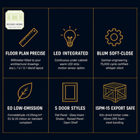 Meubles de cuisine sur mesure pour toute la maison, gris mat, porte en verre aluminium noir, bande LED, fermeture douce, ISPM-15, export, usine OEM