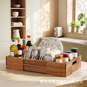 Japanese Style Wooden Extendable Cutlery <b>Storage</b> <b>Box</b> <b>Kitchen</b> Organizer With Compartments Standing Type Solid Wood Rectangular - Product Image 1