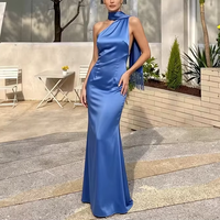 Robe de soirée élégante bleue en mousseline moulante pour femme, asymétrique à une épaule, dos nu, sans col, longueur ras du sol