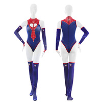 Ensemble de lingerie bodysuit femme araignée ultra-extensible, fin, imprimé rouge et bleu, avec fermeture éclair sur le devant et entrejambe ouvert, pour jeu de rôle, vente en gros directe usine