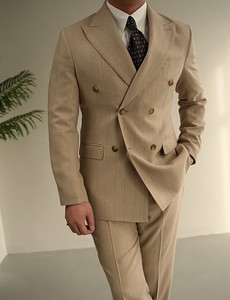 Blazer da <span class=keywords><strong>Uomo</strong></span> Italiano Napoletano <span class=keywords><strong>Doppiopetto</strong></span> a Righe Kaki, Vestito Classico Slim Fit Casual - Product Image 6
