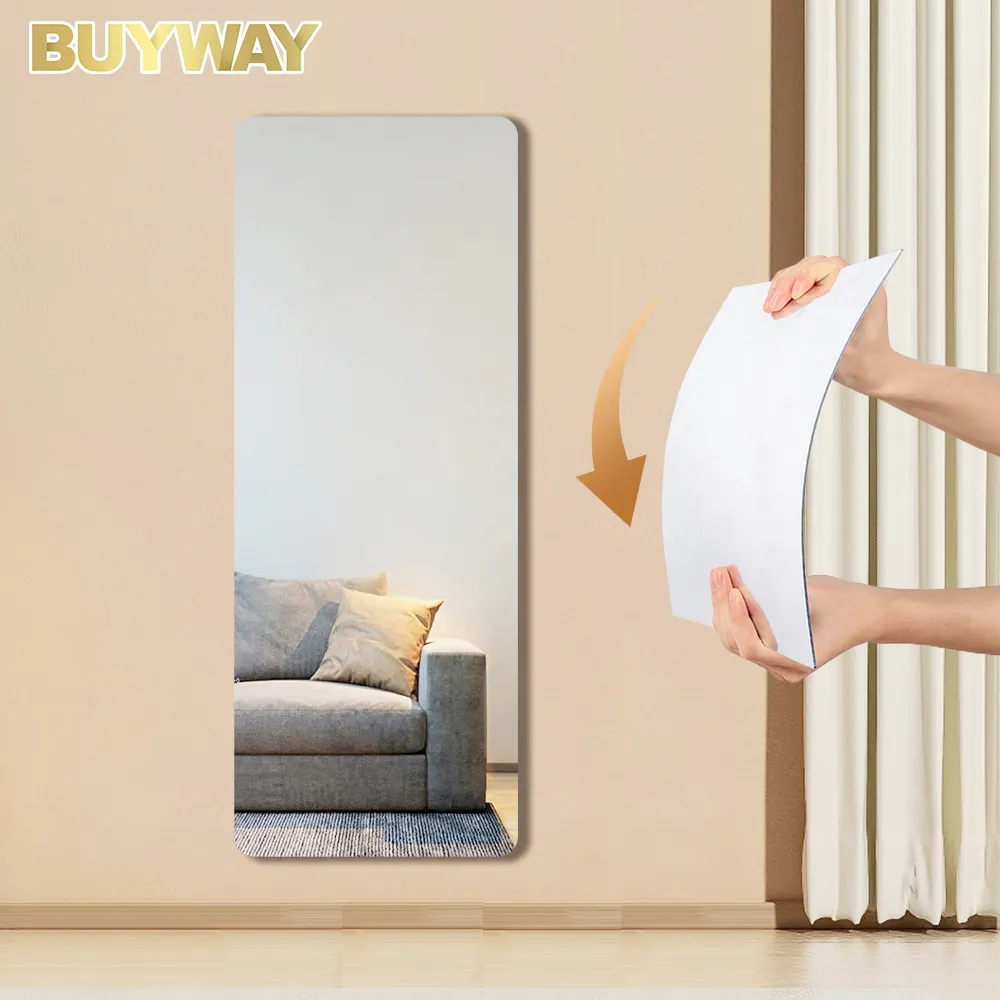 Venda quente Flexível Acrílico Plástico Espelho Folhas Adesivos De Parede De Vidro Comprimento Total Frameless Full Body Mirror Telhas para Quarto