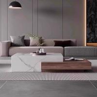 Table basse en marbre de style italien, plateau carré en pierre frittée, table centrale avec tiroirs en bois pour projet de villa.