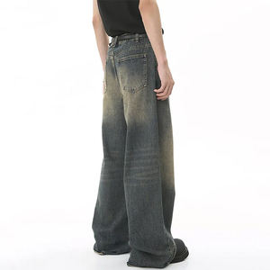 Jeans baggy droits personnalisés pour hommes, style streetwear, en denim de coton délavé foncé, effet usé, vintage et tendance - Product Image 4