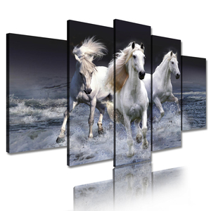 Affiche moderne personnalisée de peintures à l'huile d'animaux 5 panneaux cheval blanc toile imprimée Art cadre mural oeuvre pour la décoration intérieure - Product Image 2
