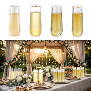 Copa de champán sin tallo de PET de 280 ml, irrompible, de plástico transparente, para bodas y fiestas, con borde dorado, 4 estilos - Product Image 1