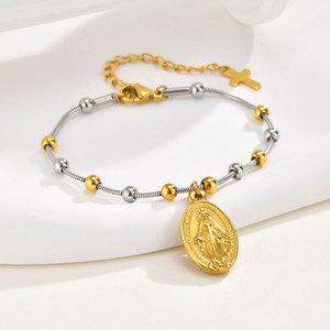 Religious 316L Stainless Steel 14k 18k Gold Plated Catholic Bead Bracelets With Charms Rosary Virgin Mary Bracelet for Women <b>Men</b> - Product Image 1