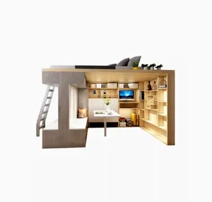 Design de décoration de lit double lofts peu encombrant pour appartement d'adultes avec armoires murales de télévision intégrées et placard pour chambre