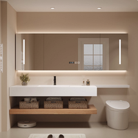 Kabinet Kamar Mandi LED Modern dengan Cermin, Desain Khusus, Dilengkapi Wastafel Porselen Dua Lapis Batu Sinter, Tahan Air, dan Berdiri di Lantai