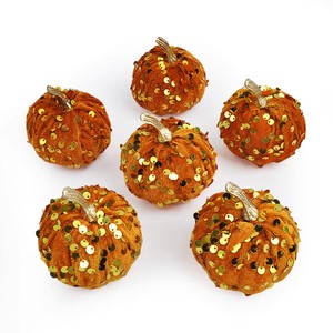 Luxury Sparkling Sequin Velvet Artificial Pumpkins Orange Fabric Fake Pumpkin for Thanksgiving Halloween Christmas Table Decor - Product Image 6