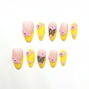 Di lusso unghie corte bara di lusso stile giallo elegante Aura fatta a mano lungo quadrato Press-On Set riutilizzabile e Halal certificato - Product Image 4