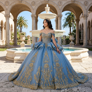 Vestido de Quinceañera Azul Lujoso con Lazo y Encaje Dorado, Modelo 20304 - Product Image 1