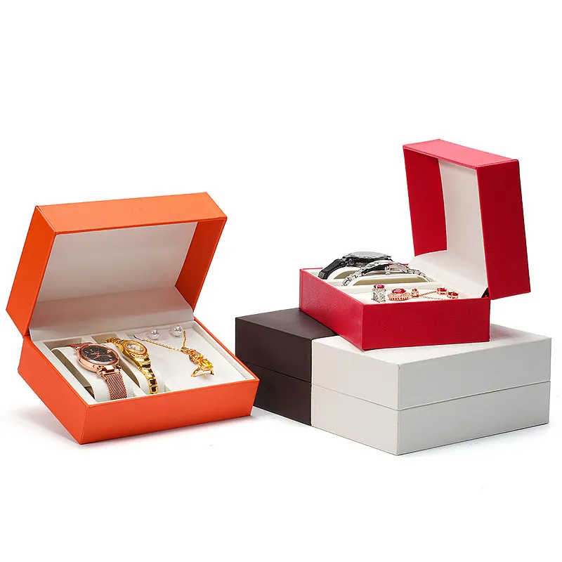 Großhandel Pu Leder Paar Uhren box mit Schmuck Halskette Ring Ohrringe Set Box mit benutzer definierten Logo