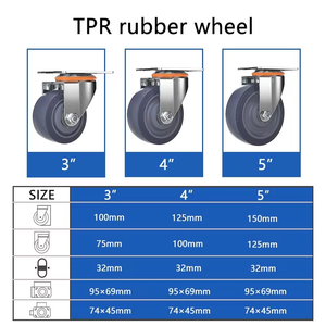 Roulettes pivotantes à charge élevée 3-5 pouces en caoutchouc TPR avec frein Total Lock, noyau en plastique gris, axe de 12 mm, robustes - Product Image 6