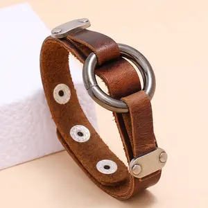 Personalized Men's Leather Bracelet - European and American Fashion Accessory, Minimalist Vintage Round Loop Punk Wristband