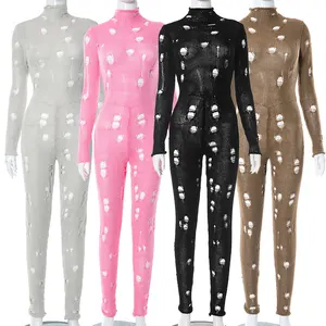 20240209 Herbst Winter Jumpsuit einfarbig Langarm lässig gestrickt Streetwear Löcher schlank zerrissene Jumpsuits für Damen