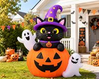 Chat noir gonflable d'Halloween sur citrouille Jack O'Lantern avec chapeau de sorcière et fantômes, décoration pour jardin extérieur, pelouse, fête de fin d'année