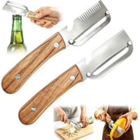 Groothandel 3-in-1 roestvrijstalen groenteschilset, aardappel- en fruitschiller met uien-snijder, flesopener, houten handvat