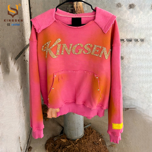 Sweat à capuche streetwear personnalisé 100% coton, délavé à l'acide, style Y2K, coupe ample, effet vieilli, broderie et strass - Product Image 1