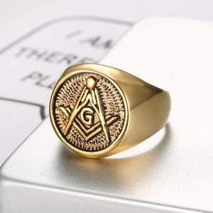 Bague maçonnique classique en acier inoxydable plaqué or avec pierre naturelle, personnalisable en usine, vente chaude transfrontalière, style européen et américain - Product Image 2