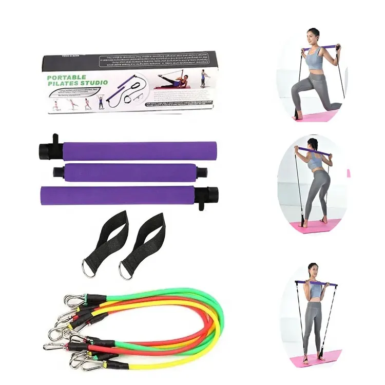 Grosir 3 bagian Kit tongkat Pilates portabel dapat disesuaikan latihan Yoga Bar Pilates Stick Kit Set Pilates Bar dengan karet resistensi