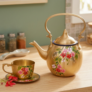 Golden Floral Tea Kettle With <b>Lid</b> Metal Handle Water <b>Pot</b> Flower Design - Product Image 3