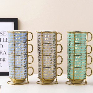 Taza de Porcelana Estilo Europeo con Soporte de Hierro, Diseño Galvanizado, Apilable, Apta para Microondas, Ecológica, para Almacenamiento; Set de Regalo - Product Image 1