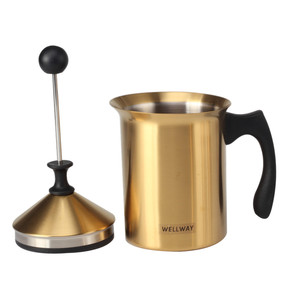 Mousseur à lait manuel en acier inoxydable à double maille, pompe à main pour lait et crème, pour café, latte, cappuccino - Finition dorée - Product Image 3