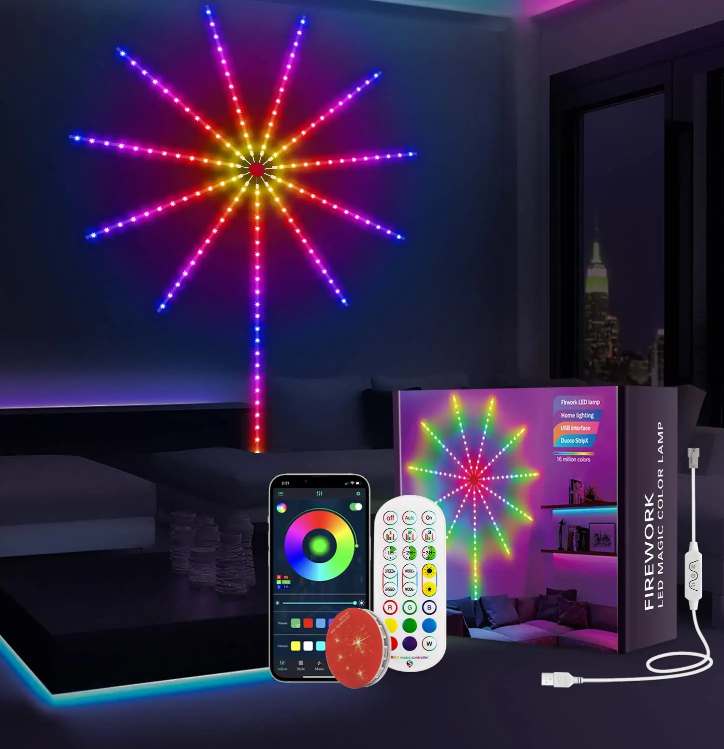 Hot bán ứng dụng đầy màu sắc điều khiển từ xa âm nhạc nhịp điệu trang trí cổ tích đèn USB RGB LED giáng sinh bắn pháo hoa dải đèn