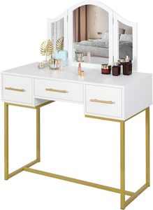 带3面镜子的梳妆台带3个深抽屉的梳妆台带金属腿的梳妆台现代白色 + 金色 - Product Image 2