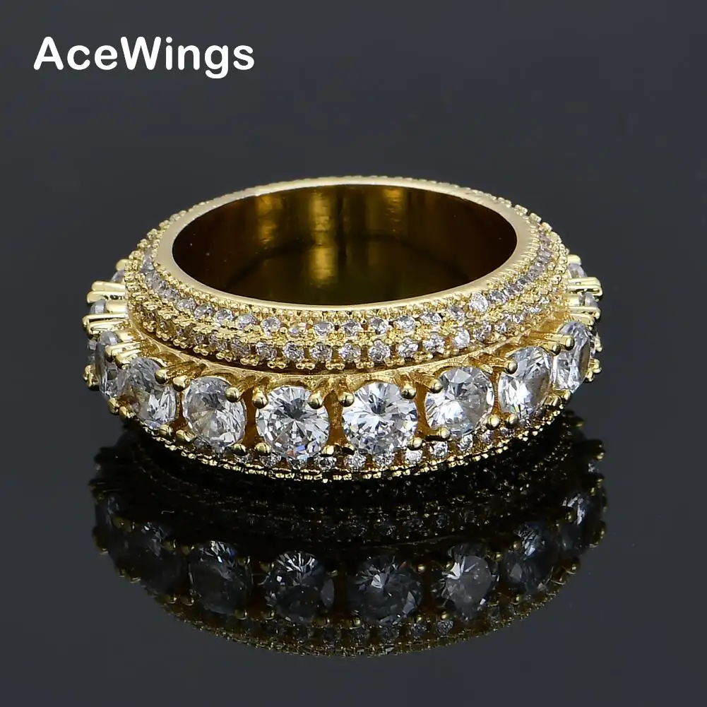 Вращающееся мужское кольцо R013 из меди и фианита золотого и серебряного цвета, ледяное кольцо с кубическим цирконием, модные ювелирные украшения в стиле хип-хоп